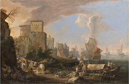 Capriccio mit Szene aus dem Leben einer Hafenstadt, 1750, Luca Carlevarijs