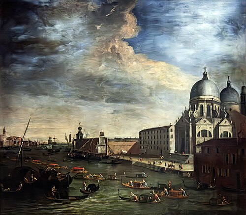Vue du Grand Canal vers le Bassin avec l'Eglise de la Salute, 1754, Luca Carlevarijs