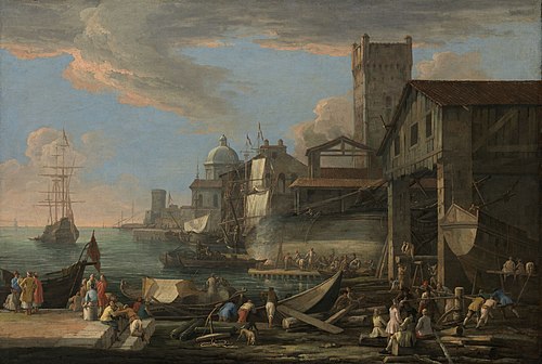 A Caprice View with a Shipyard, 1712, Luca Carlevarijs