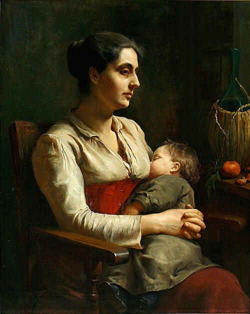 Italian interior with a mother and her sleeping child, 1850, Ludovica Anine Vilhelmine Augusta Thornam