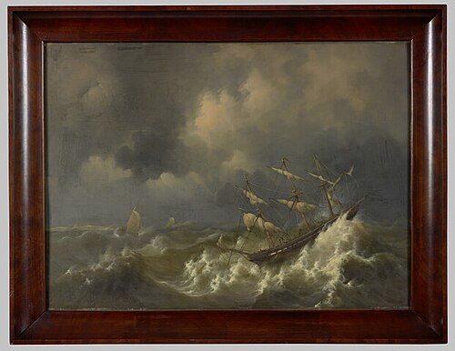 Het fregatschip Zr.Ms. Rotterdam ter hoogte van Texel een storm afrijdende, , Govert van Emmerik