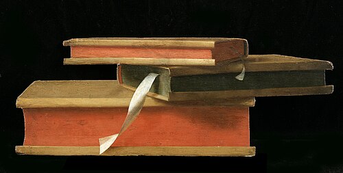 Trompe l'oeil of three books, 1682, Hendrick van Heemskerck