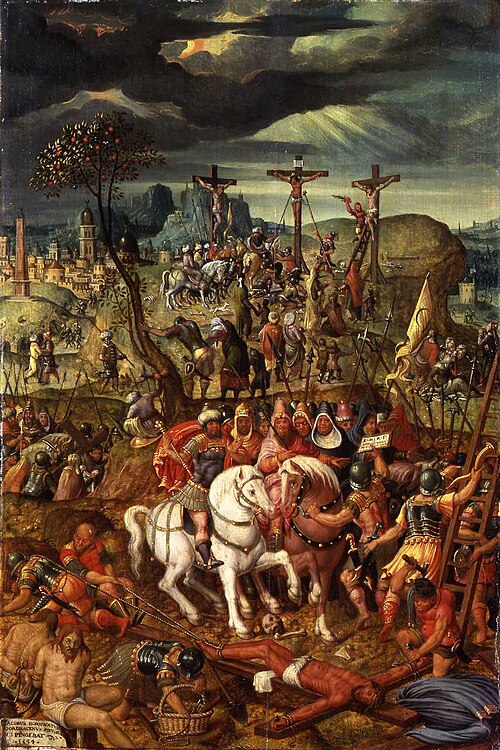 Episodes from the Passion of Christ: Christ carrying the cross, Christ nailed to the cross, the cruc, 1554, Jacob Gerritsz. Bornwater