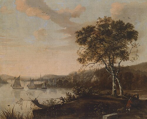River landscape with hunters and a harbour, 1659, Richard Farrington