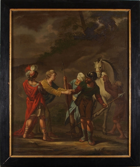 Landschap met drie soldaten, jongen met paard en een gevangene, 1793, Frans Willems Swart