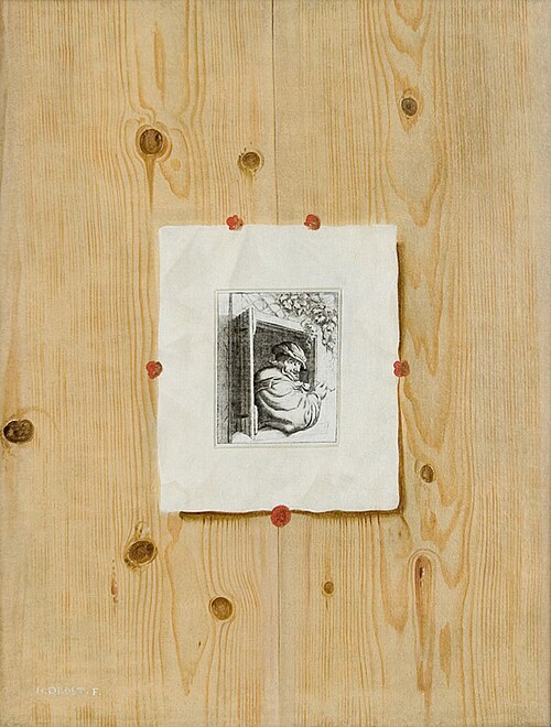 Trompe l'Oeil. Board with an Etching of a Man with a Pipe, 1675, H. Drost