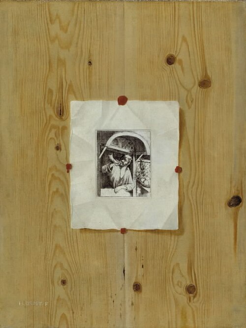 Trompe l'Oeil. Board with an Etching of a Baker Sounding his Horn, 1675, H. Drost