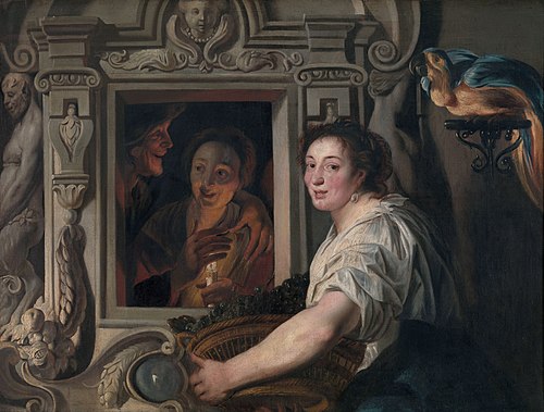 A maidservant with a basket of fruit and two lovers, 1632, Jacob Jordaens