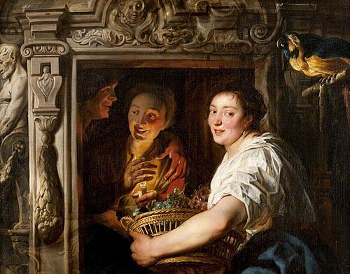 A Maidservant with a Basket of Fruit and Two Lovers, 1630, Jacob Jordaens