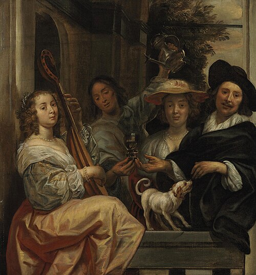 Group portrait at a balustrade (Allegory of the five senses), 1650, Jacob Jordaens