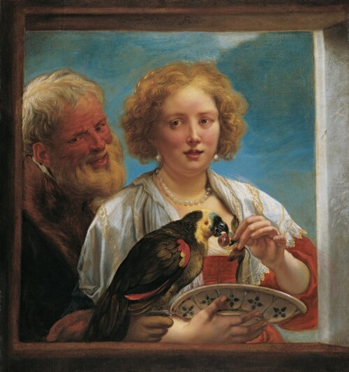 A Bearded Man with a Woman Feeding Cherries to a Parrot, 1639, Jacob Jordaens