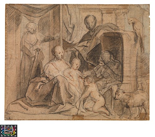 De Heilige Familie met Elisabeth en de kleine Johannes (keerzijde: Deur, deuropening en Hermes), 1640, Jacob Jordaens