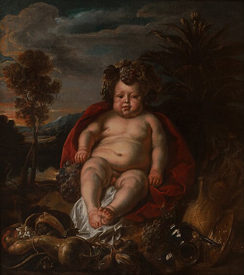 Bacchus enfant assis dans un paysage., 1640, Jacob Jordaens