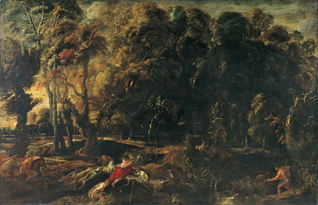 Landscape with Atalanta and Meleager pursuing the Calydonian boar (Ovid, Metamorphoses, VIII, 229-23, 1635, Jacob Jordaens
