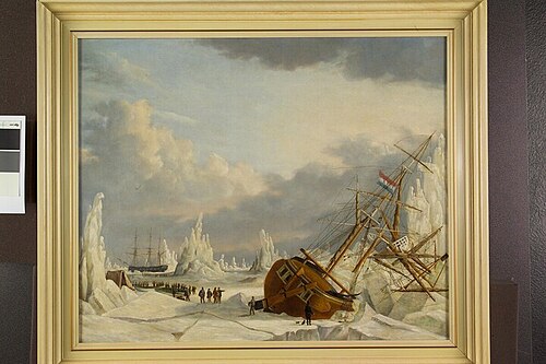 Het galjootschip Harlingen in het ijs in Straat Davis, 1826, 1850, Hermanus Siderius