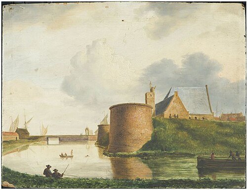 Gezicht op een deel van de voormalige vestingwerken bij Havenkerk van Harlingen, 1864, Hermanus Siderius