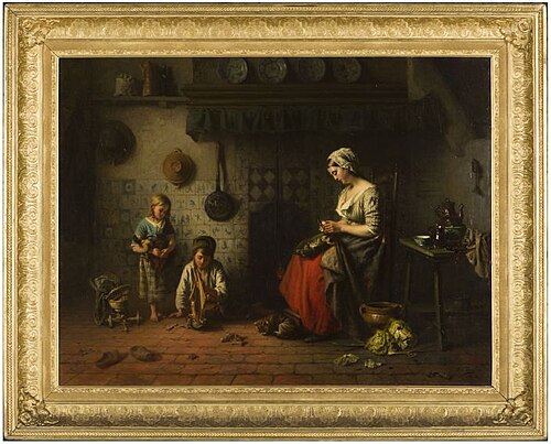 Keukeninterieur met grote schouw, tegelwand en stenen vloer, 1886, Frederik Willem Zürcher