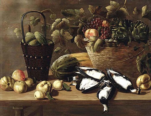 Still life with apples, pears, melon, bucket, poultry, and a basket, 1645, Johannes Kuveenis