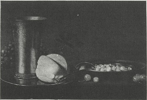 Still life with Dutch engraved beaker, berries and bread, 1640, Johannes Kuveenis