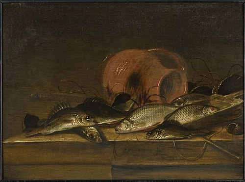Fish still life with stoneware pitcher, 1654, Johannes Kuveenis