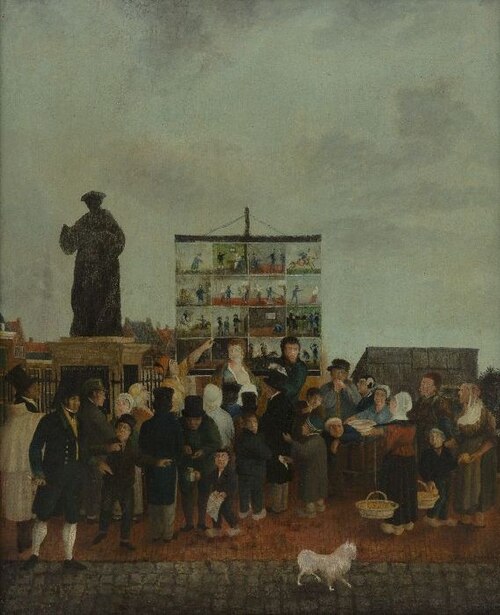 Rollenzanger Lange Jan bij het standbeeld van Erasmus op de Grotemarkt, , I.T. van der Vooren