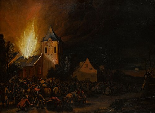 Nocturnal landscape with the plundering of a village, , Philip van Leeuwen