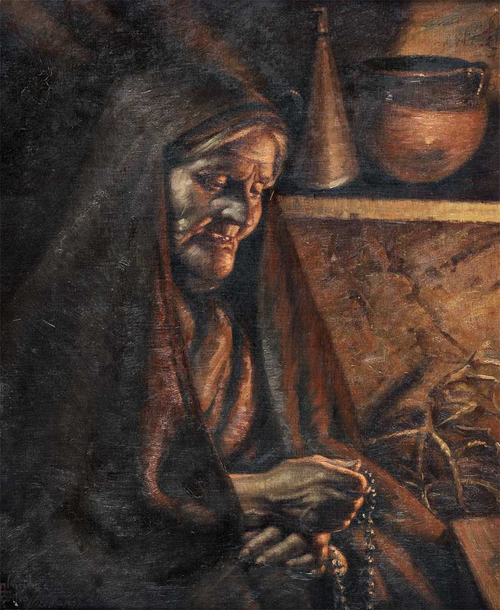 Mulher orando à lareira, 1921, José de Almeida e Silva