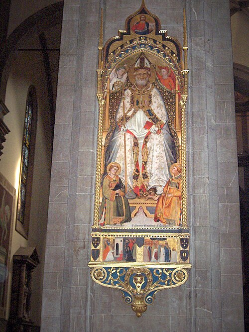 St. Zenobius seated with St. Crescenzius and St. Eugenius kneeling at either side, , Giovanni del Biondo