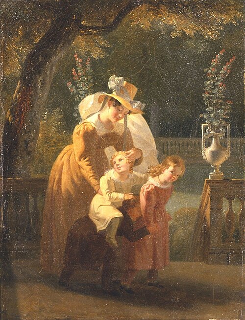 Femme et enfants jouant sur la terrasse d'un parc, , Marguerite Gérard