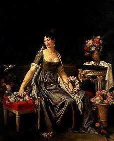 Portrait of a Lady surrounded by flowers and bird, 1800, Marguerite Gérard