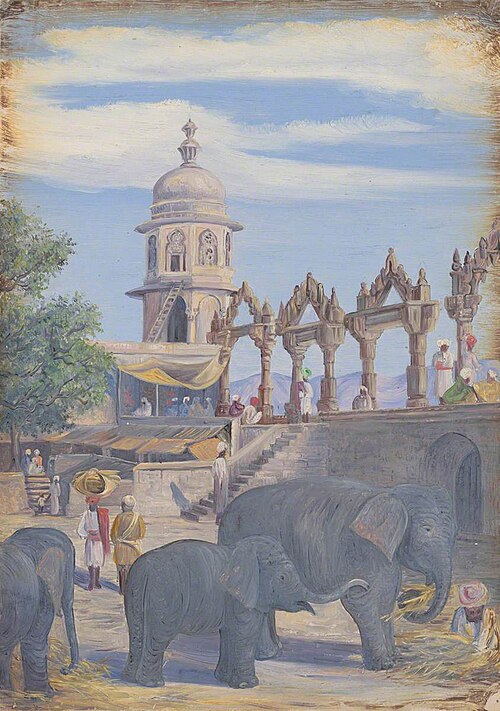 Palace Yard and Female Elephant and Child, Udaipur, India, 1879, Marianne North