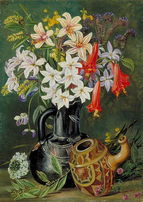 Chilian Lilies and Other Flowers in Black Jug with Ornamented Gourd for Mate, , Marianne North