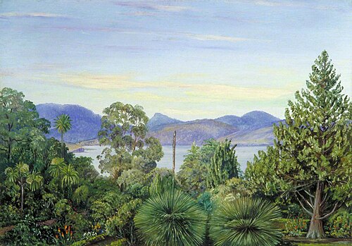 View from the Botanic Gardens, Hobart Town, Tasmania, , Marianne North
