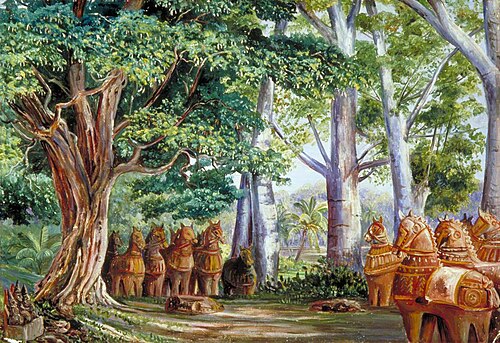 African Baobab Trees, a Large Tamarind, the God Aiyanar and His Two Wives, 1878, Marianne North