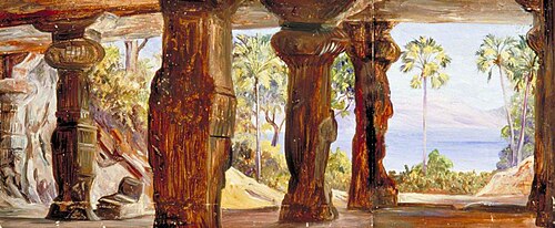 View from the Great Cave Temple of Elephanta with Fan Palms, Bombay, 1878, Marianne North