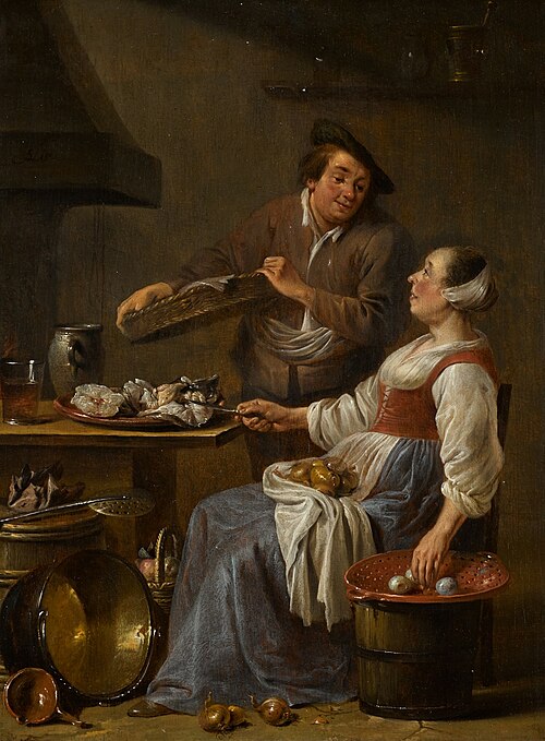 A kitchen maid and a fishmonger in an interior, 1670, Jan Olis