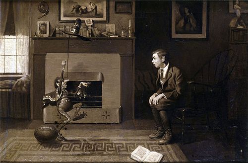 The Magic Foot-ball, 'I thought you were wrong,' he said in triumph. 'You said it was nine! Stupid!', 1914, Norman Rockwell