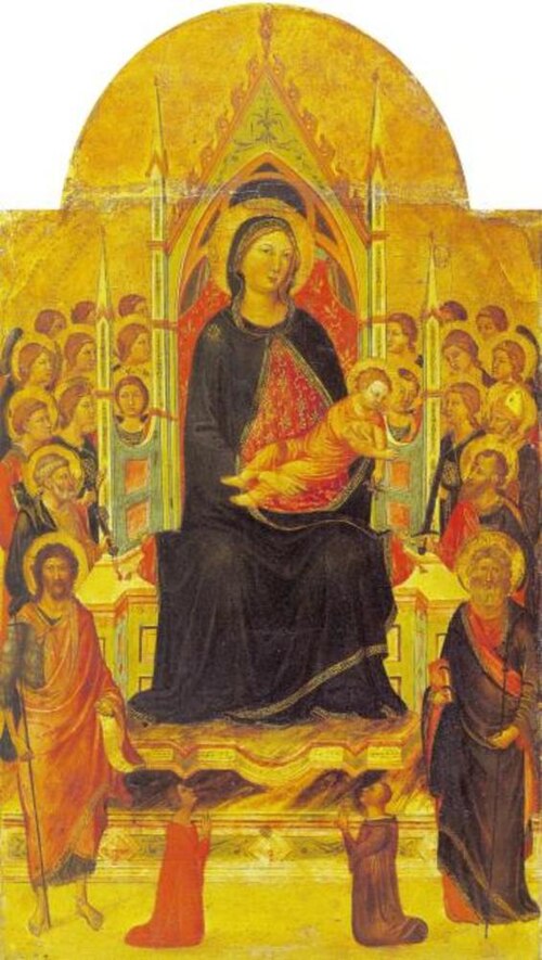 Madonna and Child Enthroned with Angels, Saints and Donors, 1335, Jacopo di Casentino
