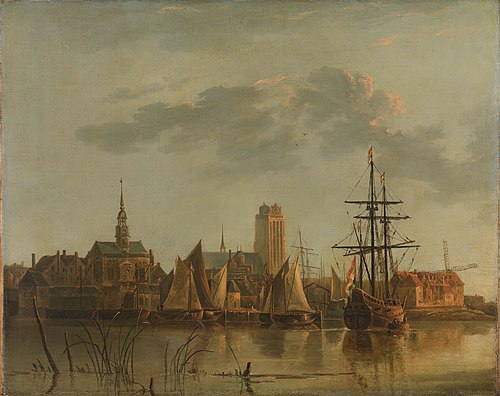View of Dordrecht at sunset, 1750, Albertus Brondgeest