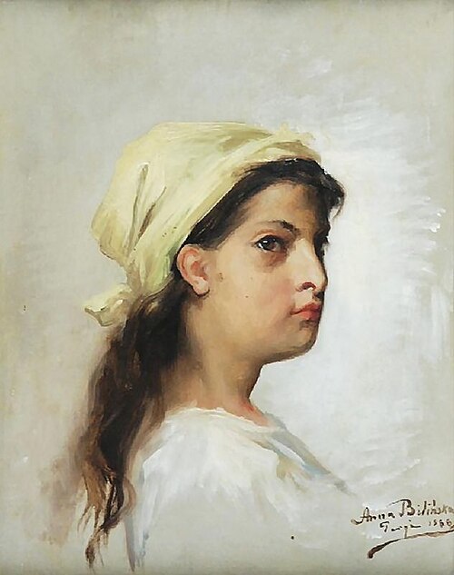 Дівчина в хустці (), дошка з червоного дерева, олія,, 1888, Anna Bilińska-Bohdanowicz