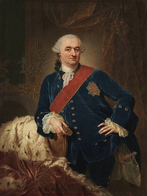 Bildnis des Kurfürsten Karl Theodor von der Pfalz und Bayern (1724-1799) im blauen Samtanzug, 1763, Anna Dorothea Therbusch