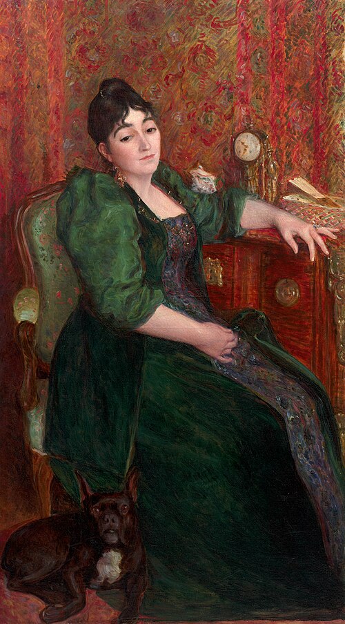 Autoportrait de l’artiste dans un fauteuil en compagnie de Bob, son bouledogue français, 1892, Marie Bracquemond