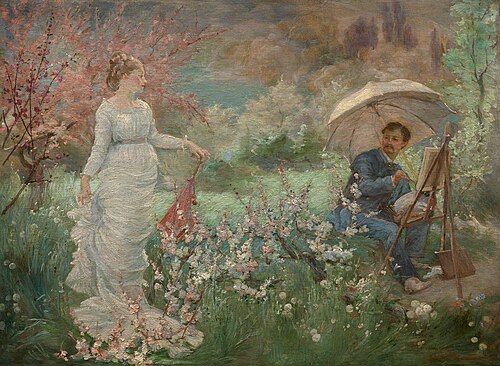 Le peintre et son modèle dans un jardin fleuri, 1880, Marie Bracquemond