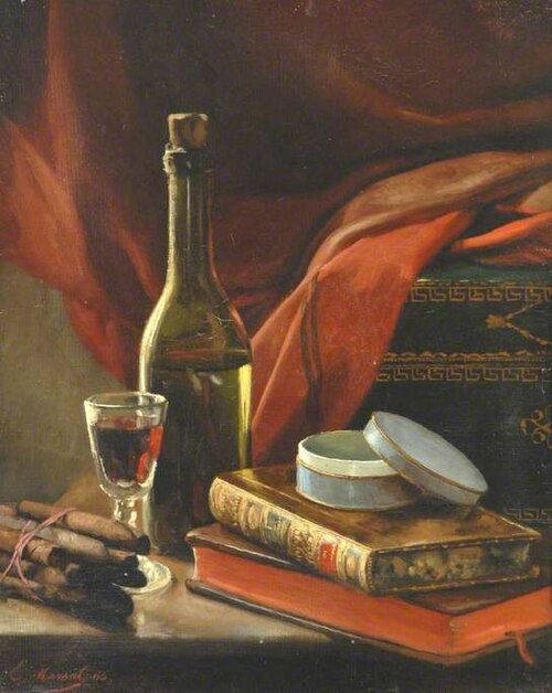 Still Life with Books, a Bottle and a Bundle of Cigars, 1866, Édouard-Antoine Marsal