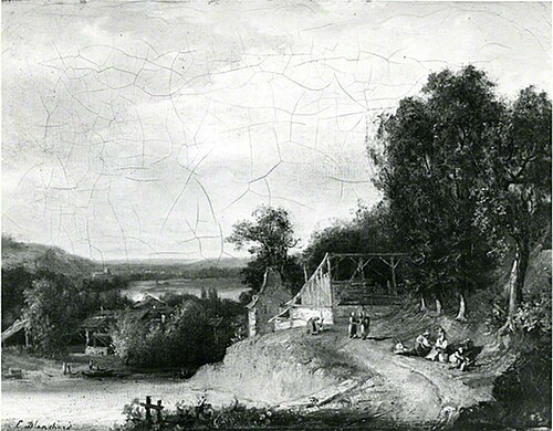 Woody Landscape with Buildings and Figures above a River, , Édouard-Théophile Blanchard