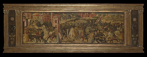 King Brennus of Gaul captures the city of Rome; Marcus Furius Camillus expels King Brennus from Rome, 1450, Lo Scheggia