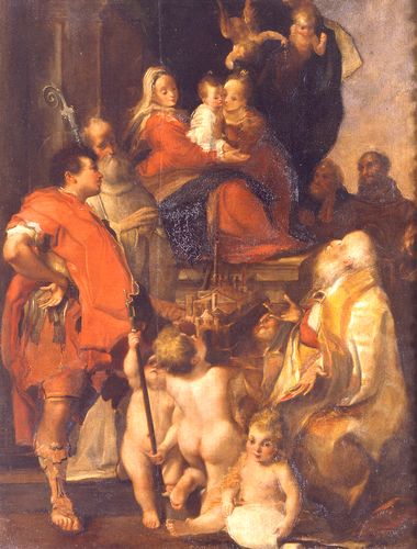 Sposalizio mistico di santa Caterina e i santi Petronio, Procolo, Domenico, Francesco e Floriano, 1550, Pietro Faccini