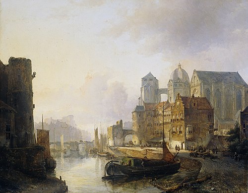 Gezicht in een stad aan een rivier, 1846, Kaspar Karsen