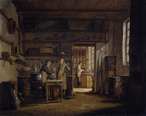 L'Intérieur du laboratoire de la pharmacie Stoockhuys, 1818, Johannes Rienksz Jelgerhuis