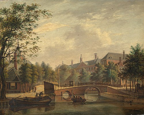 Het Aalmoezeniers-weeshuis, gezien vanaf de Prinsengracht over de verbindingsbrug van de Leidsegrach, 1824, Johannes Rienksz Jelgerhuis